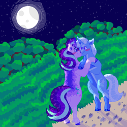 Size: 2000x2000 | Tagged: safe, artist:punkpride, imported from twibooru, starlight glimmer, trixie, pony, unicorn, alternate design, blushing, coat markings, female, image, lesbian, moon, night, night sky, png, scenery, shipping, sky, standing on two hooves, startrix