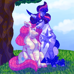 Size: 2500x2500 | Tagged: safe, artist:punkpride, imported from twibooru, pinkie pie, twilight sparkle, alicorn, earth pony, pony, alternate design, coat markings, comforting, crying, fat, feathered fetlocks, glasses, grass, image, looking at each other, png, ponytail, sitting, tree