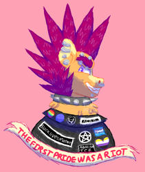 Size: 1600x1900 | Tagged: safe, artist:punkpride, imported from twibooru, scootaloo, pegasus, pony, clothes, collar, ear piercing, female, grin, image, jacket, looking back, mare, mohawk, mouthpiece, nose piercing, nose ring, piercing, pink background, png, pride flag, simple background, smiling, solo, spiked collar, text