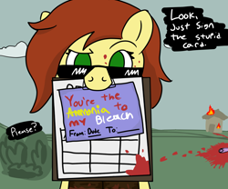 Size: 1200x1000 | Tagged: safe, anonymous artist, oc, oc only, oc:postal mare, earth pony, pony, blood, blood on face, blood trail, clothes, dialogue, drawthread, female, fire, looking at you, mare, mouth hold, raised eyebrow, solo, speaking to viewer, sunglasses, valentine's day card