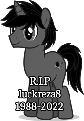 Size: 2418x3467 | Tagged: safe, artist:luckreza8, edit, imported from ponybooru, oc, oc:dark driveology, fake, image, implied death, monochrome, rest in peace, simple background, solo, transparent background, trolling