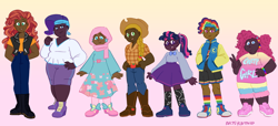 Size: 1280x582 | Tagged: safe, artist:artseniccatnip, imported from twibooru, applejack, fluttershy, pinkie pie, rainbow dash, rarity, spike, sunset shimmer, twilight sparkle, human, equestria girls, blackwashing, boots, bracelet, clothes, dark skin, dress, ear piercing, earring, female, hijab, humanized, image, jacket, jeans, jewelry, line-up, mane seven, mane six, pants, piercing, png, rainbow socks, shoes, skirt, sneakers, socks, striped socks