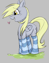 Size: 744x948 | Tagged: safe, derpy hooves, pegasus, pony, aggie.io, clothes, female, grass, heart, mare, open mouth, simple background, smiling, socks