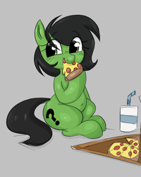 Size: 681x850 | Tagged: safe, oc, oc:filly anon, earth pony, pony, aggie.io, eating, female, filly, food, mare, pizza, simple background, sitting, smiling, soda