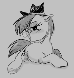 Size: 547x574 | Tagged: safe, oc, oc only, oc:incognito mare, earth pony, pony, aggie.io, glasses, hat, lying down, monochrome, open mouth, simple background, smiling