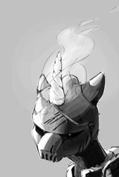 Size: 392x581 | Tagged: safe, pony, unicorn, aggie.io, armor, fire, magic, monochrome, simple background