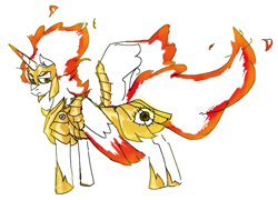 Size: 1160x836 | Tagged: safe, daybreaker, alicorn, pony, aggie.io, armor, female, fire, frown, mare, simple background, spread wings, wings