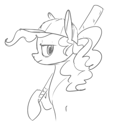 Size: 715x773 | Tagged: safe, pinkie pie, earth pony, pony, aggie.io, baseball, baseball bat, female, frown, hat, mare, monochrome, simple background, sports
