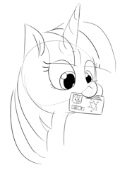 Size: 675x904 | Tagged: safe, twilight sparkle, pony, unicorn, aggie.io, female, license, mare, monochrome, mouth hold, simple background, sketch, smiling