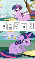 Size: 470x794 | Tagged: safe, edit, edited screencap, imported from derpibooru, screencap, twilight sparkle, pony, unicorn, angry, book, carousel boutique, element of generosity, element of honesty, element of kindness, element of laughter, element of loyalty, element of magic, elements of harmony, female, joke, periodic table, scowl, sitting, solo, thinking, unicorn twilight