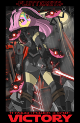 Size: 3360x5151 | Tagged: safe, artist:shonuff44, imported from twibooru, fluttershy, robot, equestria girls, absurd resolution, alternative cutie mark placement, armor, banned from derpibooru, boobs and butt pose, breasts, butt, cleavage, clothes, crossover, drone, dual wield, facial cutie mark, female, flutterbutt, fluttersith, image, lightsaber, looking at you, looking back, looking back at you, paywalled source, png, sith, smiling, solo, star wars, weapon