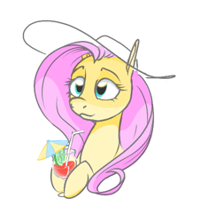 Size: 465x515 | Tagged: safe, fluttershy, pony, aggie.io, drink, female, hat, mare, simple background, smiling, straw