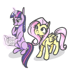 Size: 243x239 | Tagged: safe, fluttershy, twilight sparkle, pegasus, pony, unicorn, aggie.io, book, female, lowres, mare, simple background, sitting, smiling