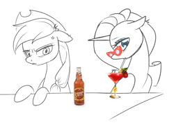 Size: 1392x1020 | Tagged: safe, applejack, rarity, pony, aggie.io, bar, cider, drink, female, glasses, hat, mare, monochrome, simple background