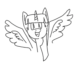 Size: 613x529 | Tagged: safe, twilight sparkle, alicorn, pony, aggie.io, monochrome, simple background, sketch, smiling, spread wings, wings