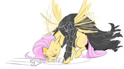 Size: 958x542 | Tagged: safe, fluttershy, pegasus, pony, aggie.io, clothes, costume, eyes closed, female, mare, simple background, spread wings, struggling, sweat, sword, weapon, wings