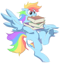 Size: 1370x1398 | Tagged: safe, rainbow dash, pegasus, pony, aggie.io, book, falling over, mouth hold, simple background, spread wings, wings