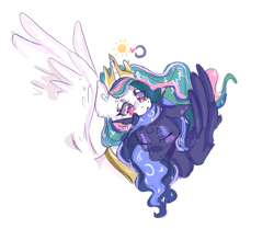 Size: 1598x1338 | Tagged: safe, princess celestia, princess luna, alicorn, pony, aggie.io, eyes closed, female, mare, moon, simple background, spread wings, sun, wings