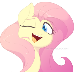 Size: 840x793 | Tagged: safe, artist:angrylittlerodent, fluttershy, pony, female, mare, one eye closed, open mouth, simple background, smiling, white background, wink