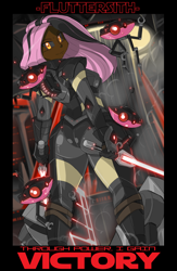 Size: 3360x5151 | Tagged: safe, artist:shonuff44, edit, editor:anonymous, imported from twibooru, fluttershy, human, robot, absurd resolution, armor, banned from derpibooru, boobs and butt pose, breasts, butt, cleavage, clothes, crossover, dark skin, drone, dual wield, female, flutterbutt, fluttersith, humanized, image, lightsaber, looking at you, looking back, looking back at you, png, sith, skin color edit, smiling, solo, star wars, weapon