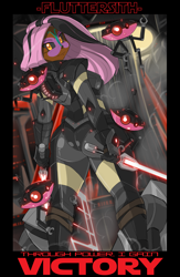 Size: 3360x5151 | Tagged: safe, artist:shonuff44, edit, editor:anonymous, imported from twibooru, fluttershy, human, robot, absurd resolution, alternative cutie mark placement, armor, banned from derpibooru, boobs and butt pose, breasts, butt, cleavage, clothes, crossover, dark skin, drone, dual wield, facial cutie mark, female, flutterbutt, fluttersith, humanized, image, lightsaber, looking at you, looking back, looking back at you, png, sith, skin color edit, smiling, solo, star wars, weapon