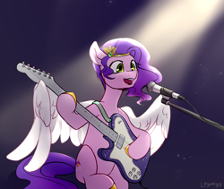 Size: 4928x4167 | Tagged: safe, artist:laymy, imported from derpibooru, pipp petals, pegasus, pony, crown, electric guitar, female, fender telecaster, g5, guitar, jewelry, mare, microphone, musical instrument, open mouth, open smile, regalia, signature, singing, sitting, smiling, solo, telecaster