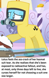 Size: 872x1390 | Tagged: safe, edit, edited screencap, imported from derpibooru, screencap, lotus blossom, earth pony, pony, she's all yak, female, foam, hazmat suit, imminent death, op is a duck, ponestrip, radiation, solo, text, this will end in pain and/or death, wat