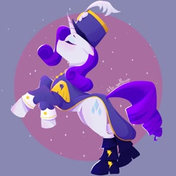 Size: 1200x1200 | Tagged: safe, artist:andy lie, imported from derpibooru, rarity, pony, unicorn, ancient wonderbolts uniform, clothes, eyes closed, female, floppy ears, hat, mare, rearing, sgt. rarity, solo, sparkles, uniform