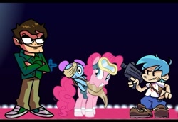 Size: 567x391 | Tagged: safe, imported from derpibooru, pinkie pie, earth pony, human, pony, :o, bag, boyfriend (friday night funkin), clothes, devious smile, eduardo (eddsworld), friday night funkin', goggles, gun, happy, night, open mouth, pibby, riding a pony, scarf, serious, serious face, shoes, smiling, smirk, surprised, weapon
