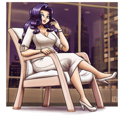 Size: 2125x2000 | Tagged: safe, artist:king-kakapo, imported from derpibooru, part of a set, rarity, human, bracelet, chair, city, clothes, dress, female, high heels, humanized, jewelry, looking at you, night, playing with hair, shoes, sitting, skyscraper, solo, window