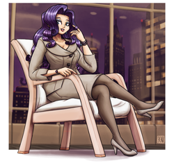 Size: 2125x2000 | Tagged: safe, alternate version, artist:king-kakapo, imported from derpibooru, part of a set, rarity, human, bracelet, chair, city, clothes, female, high heels, humanized, jewelry, looking at you, night, pantyhose, playing with hair, shoes, sitting, skirt, skirt suit, skyscraper, solo, suit, window