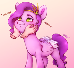 Size: 2178x2000 | Tagged: safe, alternate version, artist:buttersprinkle, imported from derpibooru, part of a set, pipp petals, human, pegasus, pony, adorapipp, alternate character, blushing, cute, disembodied hand, female, g5, gradient background, hand, high res, mare, my little pony: a new generation, offscreen character, offscreen human, smiling, solo focus, squeezing, squishy, squishy cheeks