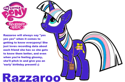 Size: 1020x672 | Tagged: safe, artist:pinkamenarockscute13, imported from derpibooru, razzaroo, pony, unicorn, bag, female, g3, g3 to g4, g4, generation leap, horn, looking up, mare, my little pony logo, present, profile, saddle bag, simple background, smiling, text, white background