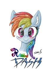 Size: 3508x4961 | Tagged: safe, artist:memprices, imported from derpibooru, rainbow dash, pegasus, pony, blushing, bust, colorful, cute, dashabetes, digital art, high res, looking at you, pencil drawing, simple background, smiling, solo, traditional art, white background