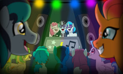 Size: 1024x620 | Tagged: safe, artist:faitheverlasting, imported from derpibooru, dj pon-3, neon lights, pinkie pie, rising star, vinyl scratch, oc, oc:animatedjames, oc:blackgryph0n, oc:eilemonty, oc:indy blaze, oc:littleshyfim, oc:saberspark, oc:the living tombstone, oc:viva reverie, oc:wooden toaster, earth pony, pegasus, pony, unicorn, 2020, eilemonty, pony rock anthem