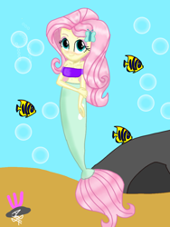 Size: 768x1024 | Tagged: safe, artist:mazakbar567, edit, imported from derpibooru, fluttershy, fish, mermaid, merpony, equestria girls, beach, beautiful, bikini, bra, breasts, bubble, clothes, ocean, solo, swimsuit, underwater, underwear, water