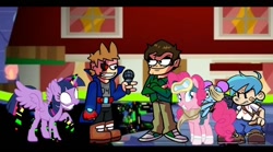 Size: 720x400 | Tagged: safe, imported from derpibooru, pinkie pie, twilight sparkle, alicorn, earth pony, human, pony, boyfriend (friday night funkin), castle of the royal pony sisters, eduardo (eddsworld), error, friday night funkin', glitch, gun, house, pibby, ready to fight, tord (eddsworld), twilight sparkle (alicorn), weapon