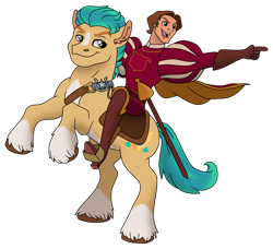 Size: 1024x934 | Tagged: safe, artist:faitheverlasting, imported from derpibooru, hitch trailblazer, earth pony, human, pony, crossover, disney, enchanted (movie), g5, humans riding ponies, james marsden, male, prince edward (enchanted), rearing, riding, simple background, stallion, transparent background, voice actor joke