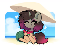 Size: 1551x1200 | Tagged: safe, artist:oofycolorful, imported from derpibooru, oc, oc only, oc:woonie, pony, unicorn, :3, ^^, beach, beach umbrella, blush sticker, blushing, eating, eyes closed, food, heart, herbivore, solo, watermelon