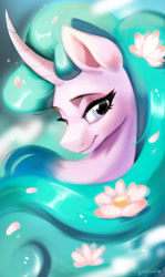 Size: 1560x2611 | Tagged: safe, artist:oofycolorful, imported from derpibooru, mistmane, pony, unicorn, curved horn, flower, flower in hair, horn, solo