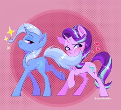 Size: 2627x2386 | Tagged: safe, artist:tomi_ouo, imported from derpibooru, starlight glimmer, trixie, pony, unicorn, blushing, butt, dock, duo, female, heart, lesbian, lidded eyes, looking back, plot, raised hoof, seduction, shipping, smiling, smug, stars, startrix, tail, tail seduce, wavy mouth