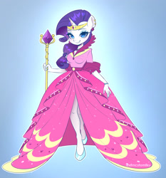 Size: 2160x2321 | Tagged: safe, artist:tomi_ouo, imported from derpibooru, rarity, anthro, unicorn, bracelet, clothes, dress, ear piercing, female, jewelry, looking at you, piercing, smiling, smiling at you, solo, staff, tiara