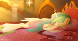 Size: 4096x2160 | Tagged: safe, artist:tomi_ouo, imported from derpibooru, princess celestia, alicorn, pony, commission, eyes closed, female, high res, lying down, mare, pillow, solo