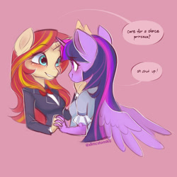 Size: 2000x2000 | Tagged: safe, artist:tomi_ouo, imported from derpibooru, sunset shimmer, twilight sparkle, alicorn, anthro, pony, unicorn, bowtie, clothes, cute, duo, female, holding hands, horn, horns are touching, lesbian, looking at each other, looking at someone, pink background, shimmerbetes, shipping, simple background, speech bubble, suit, sunsetsparkle, twiabetes, twilight sparkle (alicorn)