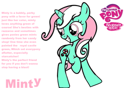 Size: 1032x728 | Tagged: safe, artist:pinkamenarockscute13, imported from derpibooru, minty, pony, unicorn, female, filly, foal, g3, g3 to g4, g4, generation leap, my little pony logo, peppermint, profile, race swap, raised hoof, redesign, simple background, smiling, text, unicorn minty, white background