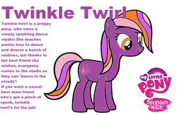 Size: 1008x656 | Tagged: safe, artist:pinkamenarockscute13, imported from derpibooru, twinkle twirl, earth pony, pony, female, g3, g3 to g4, g4, generation leap, mare, my little pony logo, profile, simple background, smiling, text, white background