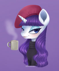 Size: 1497x1818 | Tagged: safe, artist:tomi_ouo, imported from derpibooru, rarity, pony, unicorn, beatnik rarity, beret, clothes, hat, lidded eyes, mug, purple background, simple background, solo, sweater, turtleneck