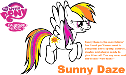 Size: 1128x672 | Tagged: safe, artist:pinkamenarockscute13, imported from derpibooru, sunny daze (g3), pegasus, pony, female, g3, g3 to g4, g4, generation leap, mare, my little pony logo, profile, simple background, smiling, spread wings, text, white background, wings