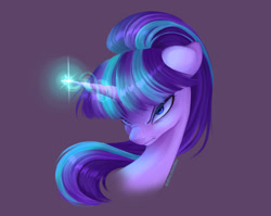 Size: 2371x1884 | Tagged: safe, artist:tomi_ouo, imported from derpibooru, starlight glimmer, pony, unicorn, bust, ears back, female, glowing, glowing horn, horn, kubrick stare, looking at you, mare, nose wrinkle, purple background, s5 starlight, simple background, solo