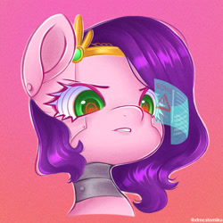 Size: 2000x2000 | Tagged: safe, artist:tomi_ouo, imported from derpibooru, pipp petals, cyborg, pegasus, pony, robot, robot pony, bust, commission, cybernetic eyes, error message, female, g5, gradient background, hologram, mare, pippbot, portrait, roboticization, solo, stern